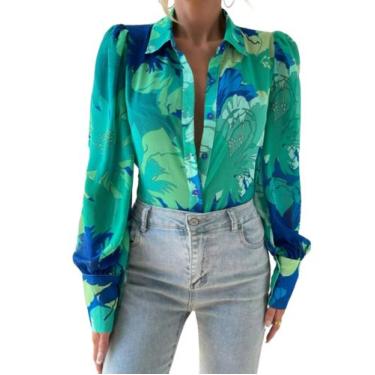 Imagem de Camisa Zeagoo de manga comprida com botões para mulheres Blue Flower