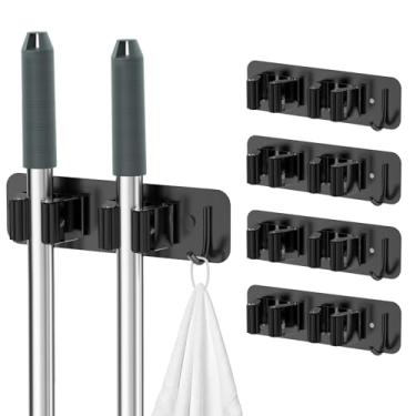 Imagem de homeasy Suporte de parede para esfregão e vassoura, organizador de aço inoxidável resistente com ganchos | Pacote com 4, instalação 2 em 1 sem broca e parafuso, preto