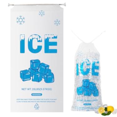 Imagem de Belinlen Pacote com 100 sacos de gelo de 9 kg com cordão de algodão 35,5 x 71 cm, sacos plásticos resistentes para armazenamento de gelo com cordão (espessura de 2,8 mm, padrão de cubo de gelo)