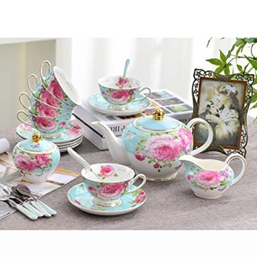 Imagem de Conjuntos de chá da tarde com bule de chá, serviço de chá para casamento, xícaras de café e pires, açucareiro, pote de leite, porcelana fina branca, 15 peças, rosa (verde) (rosa) (verde)