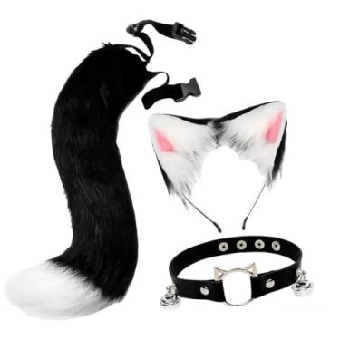 Imagem de kowaku Conjunto de orelhas e cauda de gato e, sino, chapéu para festa, carnaval, baile de máscaras, Preto Branco