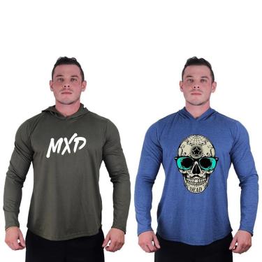 Imagem de Kit 2 Camisetas Manga Longa com Touca Longline Estampada Treino Academia Lazer Casual-Masculino