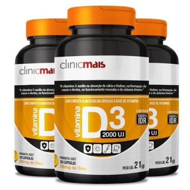 Imagem de Kit 3 Vitamina D3 2000 U.I 500Mg Clinicmais 30 Cápsulas