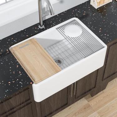 Imagem de Miuara Pia De Trabalho De Fazenda De 30 Polegadas - Pia De Fazenda De Argila Refratária De 30" X 20" X 10", Pia De Avental Branca Brilhante, Pia De Fazenda De Cuba Única, Pia De Cozinha Embutida Rev