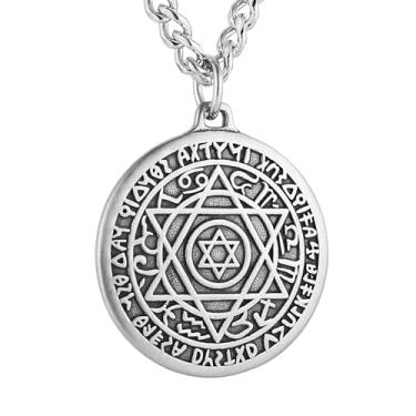 Imagem de HZMAN Colar masculino com selo de Salomão hexagrama retrô de aço inoxidável, estrela de Davi, pingente de talismã, joia de presente, Aço inoxidável, Sem Pedra Preciosa