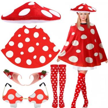 Imagem de Geyoga Conjunto de fantasia de cogumelo de Halloween, chapéu de cogumelo, capa, orelhas de elfo, óculos de sol e poncho de meia fantasia adulta para mulheres, acessórios renascentistas, roupas