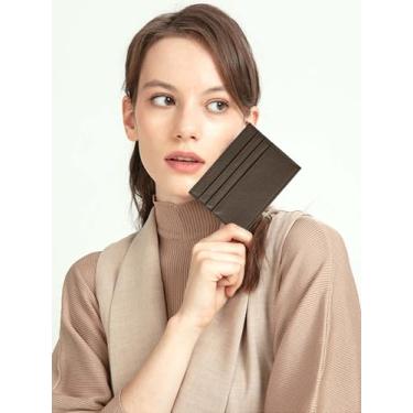 Imagem de Carteira minimalista de couro genuíno, carteira fina para cartão de crédito com bolso frontal para homens e mulheres, Café, Slim, Porta-cartão