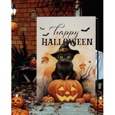 Imagem de Feliz Dia das Bruxas Bandeira de jardim de gato 30,5 x 45,7 cm dupla face, lanterna de abóbora de Halloween decorações externas bandeira de jardim de serapilheira