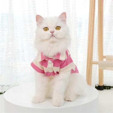Imagem de Camiseta listrada de verão para cães e gatos pequenos - mistura de algodão respirável, rosa, design de gola rolada para chihuahua, poodle, yorkie (M)