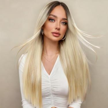 Imagem de FAVE Peruca frontal loira ombré de 66 cm, peruca frontal de renda sintética 33 x 10 cm, sem cola, destaque com raízes escuras, aparência natural e volume total para uso diário