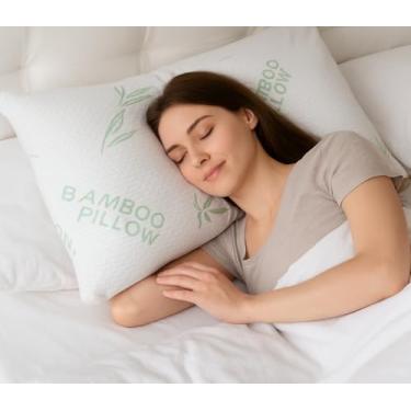Imagem de Travesseiro de bambu – Travesseiros de cama tamanho Queen para dormir, ajustável com espuma de memória desfiada – costas, estômago, colchonete lateral, capa lavável/removível, alternativa de estofamento de hotel (Queen (1 unidade))