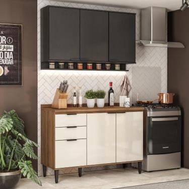 Imagem de Armário De Cozinha Completa C/ Tampo Lótus Tiny Carraro Freijó Off White Preto Touch