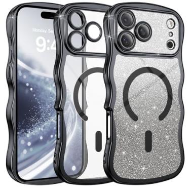 Imagem de BENTOBEN Capa transparente para iPhone 17 Pro, [compatível com MagSafe] [proteção total da câmera] [moldura ondulada fofa][cartolina com glitter faça você mesmo] Capa de celular galvanizada ondulada à