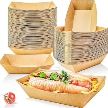 Imagem de 50 bandejas de papel kraft, bandejas de cesta de serviço descartáveis para barco de papel resistente, batatas fritas, cachorros-quentes, tortilhas de milho, festas de pipoca, casamentos em