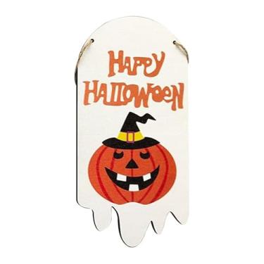 Imagem de Decoração de cabide de sinal de varanda de Halloween, conjunto de placa de madeira com desenhos de fantasma de caveira e abóbora para decoração de férias em ambientes internos e externos, parede e