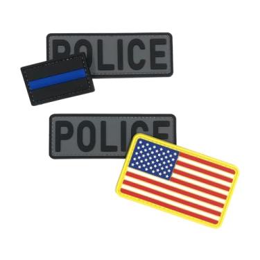 Imagem de uuKen 4 peças de adesivos de PVC da polícia 10 cm × 1,10 cm com fecho de gancho nas costas para chapéus, bonés coletes, mochilas (4 peças, 2 fundo cinza pequeno, bandeira, patch azul fino)