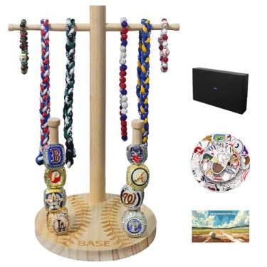 Imagem de Suporte de exibição de colar de beisebol de madeira, organizador de exibição de anéis de campeonato (para anel tamanho 9 ou maior), bônus de 50 peças de adesivos de beisebol, cartão de felicitações e