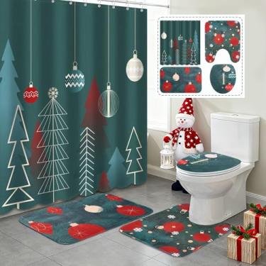 Imagem de SRCVYLT Conjunto de 4 peças de cortina de chuveiro de Natal com tapetes, tampa de vaso sanitário e tapete de banho, conjunto de cortinas de banheiro de árvore de Natal verde vermelho inverno conjunto