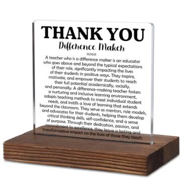 Imagem de Presente de agradecimento ao professor – Placa de mesa acrílica Thank You Difference Maker, placa de mesa de base de madeira rústica para mentor educador presente de aposentadoria de fim de ano