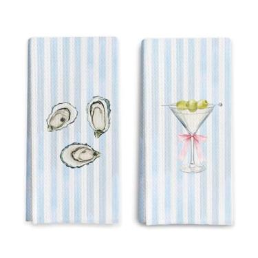Imagem de Qpenm Toalhas de cozinha martini de ostra costeira listradas azuis, toalhas de chá de coquetel de concha de praia, presentes para amantes de martini, toalha de mão decorativa para carrinho de bar de