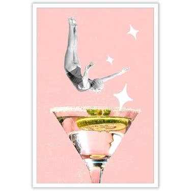 Imagem de Vintage Girl Diving Into Cocktail Posters Champagne Fun Martini Canvas Wall Art Preppy Room Estética Impressão Pintura Para Casa Quarto Dormitório Bar Carrinho Decoração de Parede 30,5 x 40,6 cm Sem