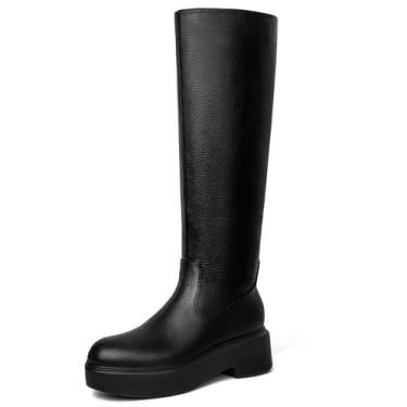 Imagem de BeeLg Botas de cano alto plataforma para mulheres, bico redondo, salto grosso, bota longa, Preto, 38