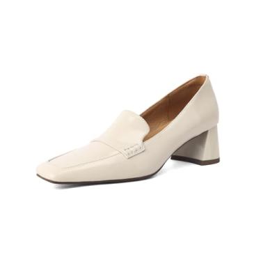 Imagem de TinaCus Sapato mocassim feminino de couro legítimo feito à mão com salto grosso, sem cadarço, Bege, 35