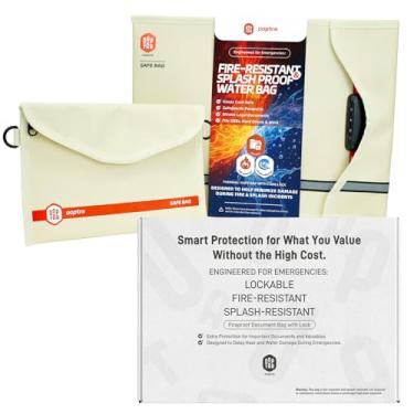 Imagem de OOPTRA Conjunto de bolsa de documentos à prova de fogo (bege) – zíper e trava à prova d'água – para casa, escritório e viagens – contém arquivos, dinheiro, passaporte, objetos de valor – resistente a