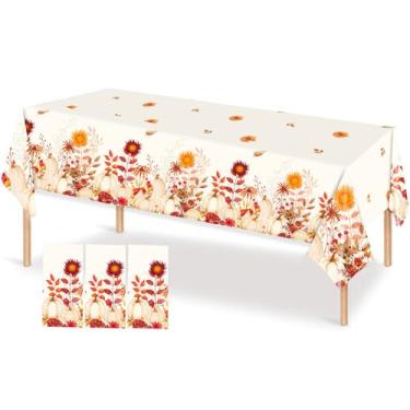 Imagem de T-Mogur 3 Packs Happy Thanksgiving Flower Table Cloth Fall Pumpkin Plastic Tablecloths 108"x54" - Disposable Maple Leaf Turkey Table Covers for Autumn Harvest Holiday Kitchen Dining Party Decorations