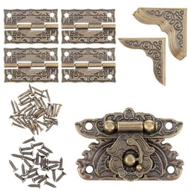 Imagem de Trava de ferrolho gravada antiga, mini dobradiça vintage e protetores de canto de caixa kit de ferragens para decoração e reparo de caixa de joias, vem com parafusos e pregos suficientes