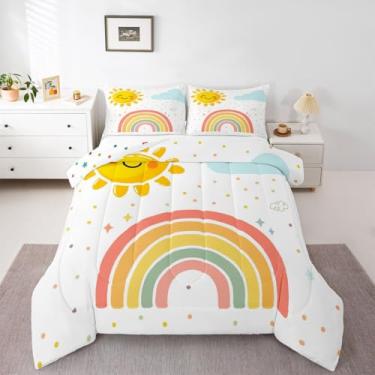 Imagem de jejeloiu Lindo conjunto de edredom com arco-íris para todas as estações, com 1 fronha, princesa, fofa, microfibra, roupa de cama de solteiro, para decoração de quarto, edredom respirável, macio e leve