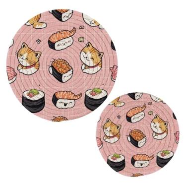 Imagem de Blueangle 2 peças de suporte de panela com padrão kawaii de sushi - conjunto de pegadores de panela de tecido redondo - almofadas quentes trançadas de algodão - porta-copos - tapetes de mesa para