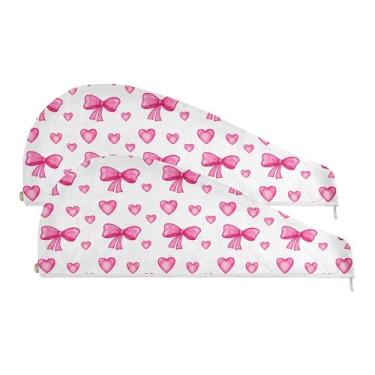 Imagem de SEHANY Linda toalha de cabelo de microfibra com laço rosa para mulheres, 2 peças, turbantes de cabelo de secagem rápida com botão, touca de cabelo seco absorvente toalha de secagem de cabelo para