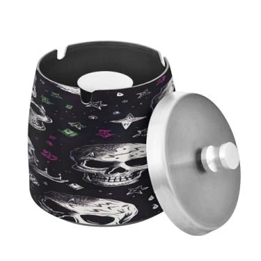 Imagem de Blueangle Cinzeiro colorido com estampa de caveira com tampa para cigarros, à prova de vento/chuva, aço inoxidável, sem fumaça, inodoro, cinzeiro para uso interno ou externo (545)