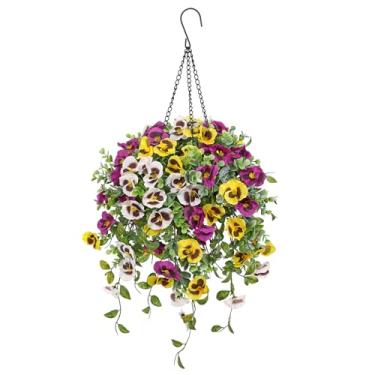 Imagem de Briful Cesta de flores artificiais para pendurar ao ar livre – Planta de amor-perfeito resistente a UV de 65 cm com bola de floração total de 39 cm, flores falsas exuberantes para varanda, varanda e