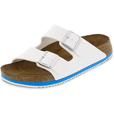 Imagem de Birkenstock Tamancos femininos Arizona Birko-Flor Superlauf sapato azul tamanho 36-palmilha normal, branco 230124, 3,5 UK Wide