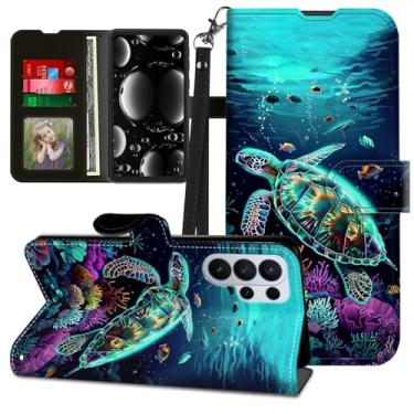 Imagem de BREIDMKFM Capa para Samsung Galaxy S26 Ultra com protetor de tela e suporte, suporte para cartão e alça de pulso flip de couro carteira fofa magnética resistente proteção resistente, tartaruga marinha