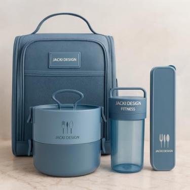 Imagem de Kit 4 Peças Bolsa térmica com Porta talher, Pote de Marmita 2 Andares e Garrafa 430ml Para Armazena Alimentos Viagem Primum (Azul)