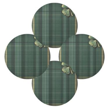 Imagem de Wassud Jogo americano conjunto de 4 tapetes de mesa redondos de trevo xadrez verde para cozinha e jantar tapetes laváveis resistentes ao calor decoração de mesa 39 cm