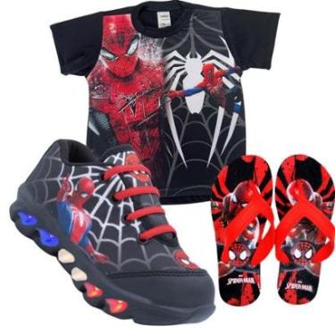 Imagem de Kit Tênis de Led Infantil Menino Aranha Menino + Chinelo + Camisa-Masculino