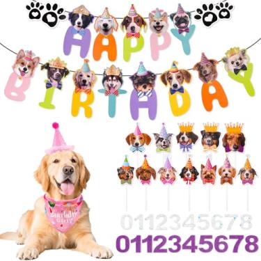 Imagem de Decorações de feliz aniversário, conjunto de bandana de aniversário de cachorro, suprimentos de festa de aniversário para cães com chapéu, bandana, faixa de feliz aniversário, faixa para meninos