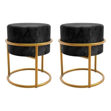 Imagem de Puff Base Ferro Dourada Veludo Premium puff redondo para Sala de Estar, Quarto, Decoração Moderna e Elegante(Preto)