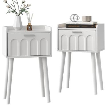 Imagem de LAATOOREE Conjunto de 2 mesas-de-cabeceira, mesa lateral pequena de meados do século com porta arqueada, mesas de cabeceira com pernas de madeira maciça para quarto, sala de estar (branca)