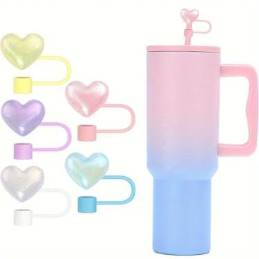 Imagem de 5 peças de topo de palha de dia dos namorados para Stanley Cup novo boné colorido com glitter coração 1,134 g/850,5 g, tampas de cobertura de palha de silicone 3D para canudos de 10 mm, acessórios