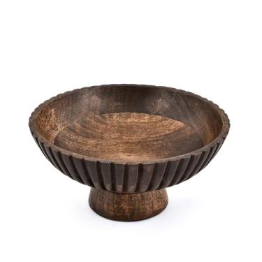 Imagem de Kaizen Casa Tigela de salada moderna preta com pés de madeira de manga – Tigela de frutas decorativa feita à mão com base de pedestal para cozinha, mesa, centro de mesa e lanches (25 x 25 x 12 cm)