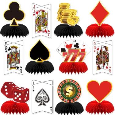 Imagem de Adeyoo 12 peças de decorações de festa com tema de cassino, centros de mesa para mesas de centro de mesa 3D, vermelho, preto, favo de mel, topper de pôquer para Las Vegas, aniversário, jogo, noite