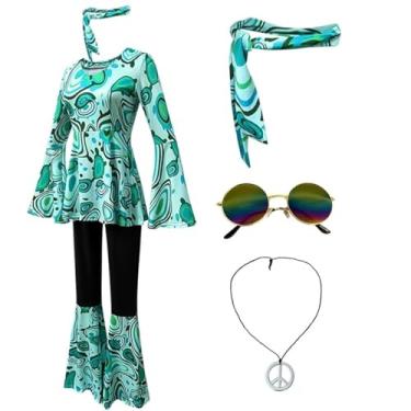 Imagem de SZRXKJ Vestido de dança feminino com calça flare padrão psicodélico multicolorido fantasia de discoteca retrô anos 70 (Grun1, XXL)