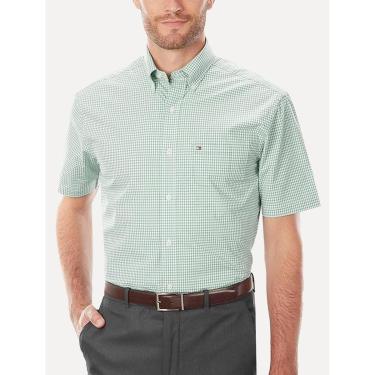 Imagem de Camisa Tommy Hilfiger Masculina Manga Curta Xadrez Gingham Branca/Verde Claro-Masculino