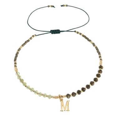 Imagem de Frigotine Pulseiras com inicial de pedra natural com contas douradas para mulheres e adolescentes, boêmio feito à mão verde escuro personalizado contas de pedra turquesa nome da letra pulseira