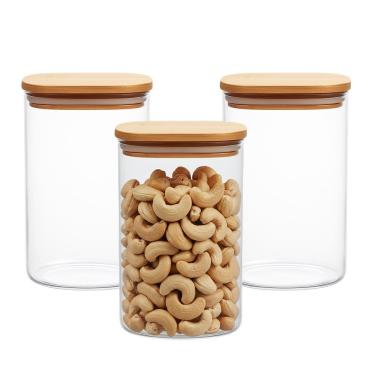 Imagem de Kit 3 Pote De Vidro Com Tampa De Bambu Hermético Porta Mantimentos Organizador 1,1l 15cm Quadrado Em Casa Tem